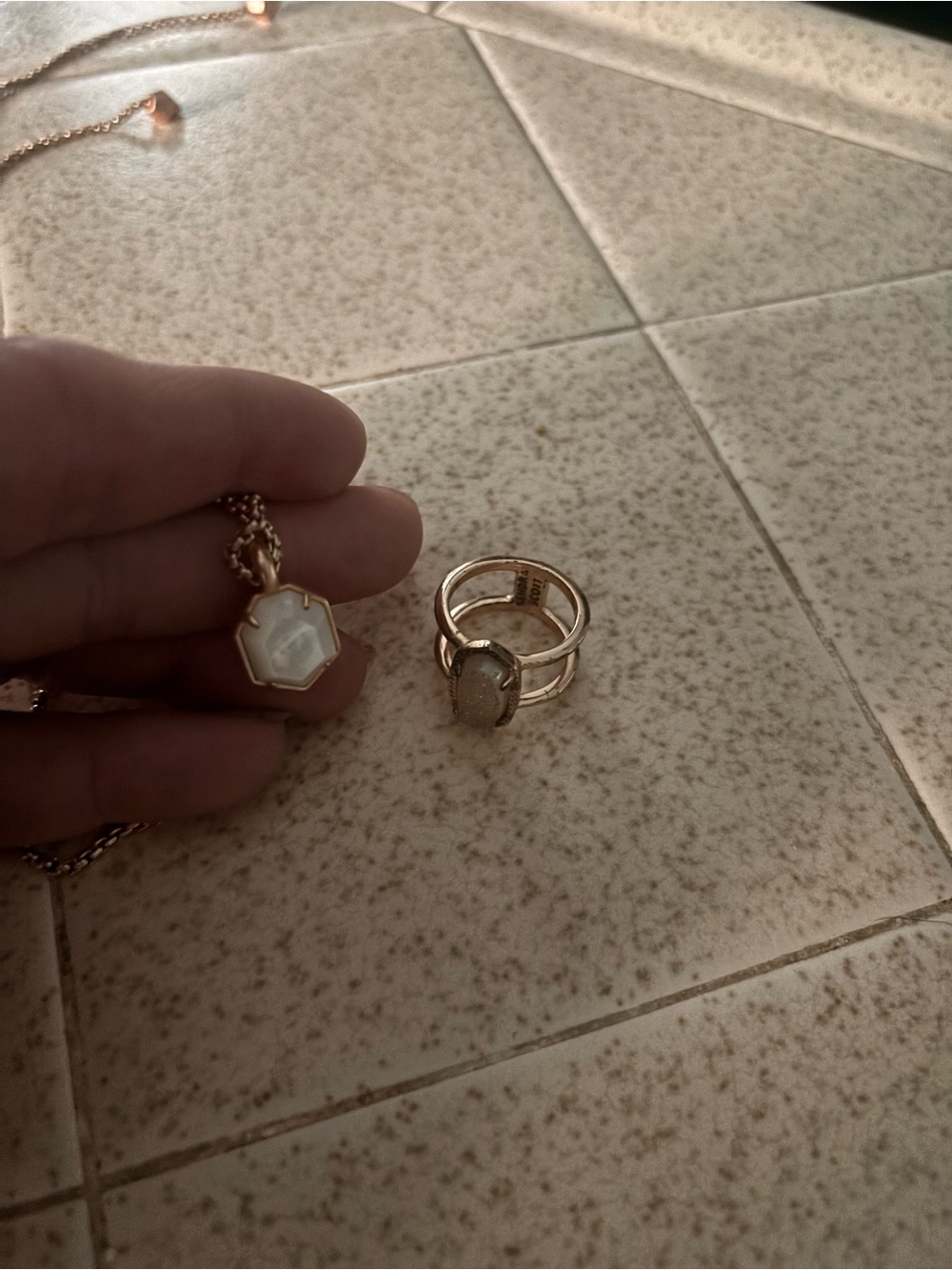 Kendra Scott Rose Gold Necklace and Ring with Mother-of-Pearl and Gray Stone